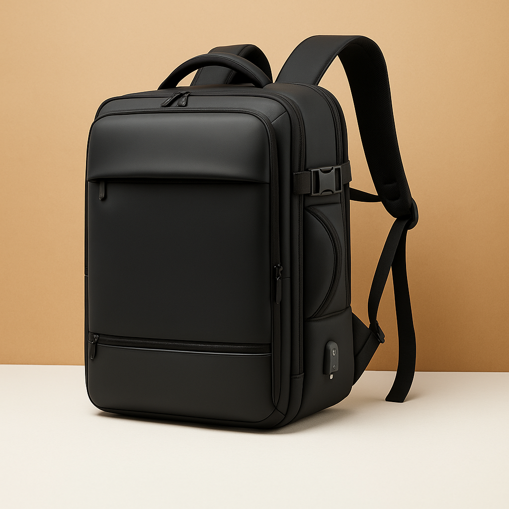 Expandable carry-on travel backpack for men with luggage-style opening, waterproof compartments, USB charging port, and cushioned ergonomic design.