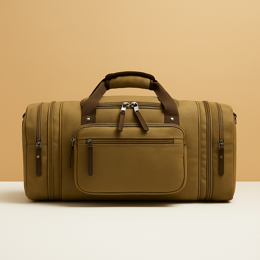 Men’s expandable cotton duffle bag with compartments, adjustable strap, and zippered pockets—ideal for travel or work trips.