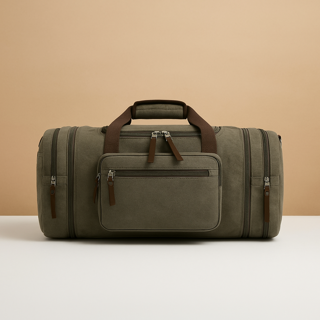 Men’s expandable cotton duffle bag with compartments, adjustable strap, and zippered pockets—ideal for travel or work trips.