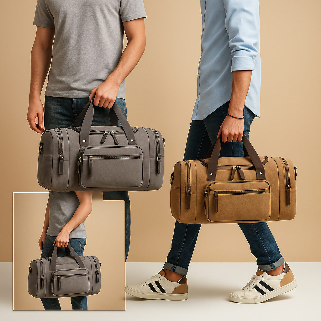 Men’s expandable cotton duffle bag with compartments, adjustable strap, and zippered pockets—ideal for travel or work trips.
