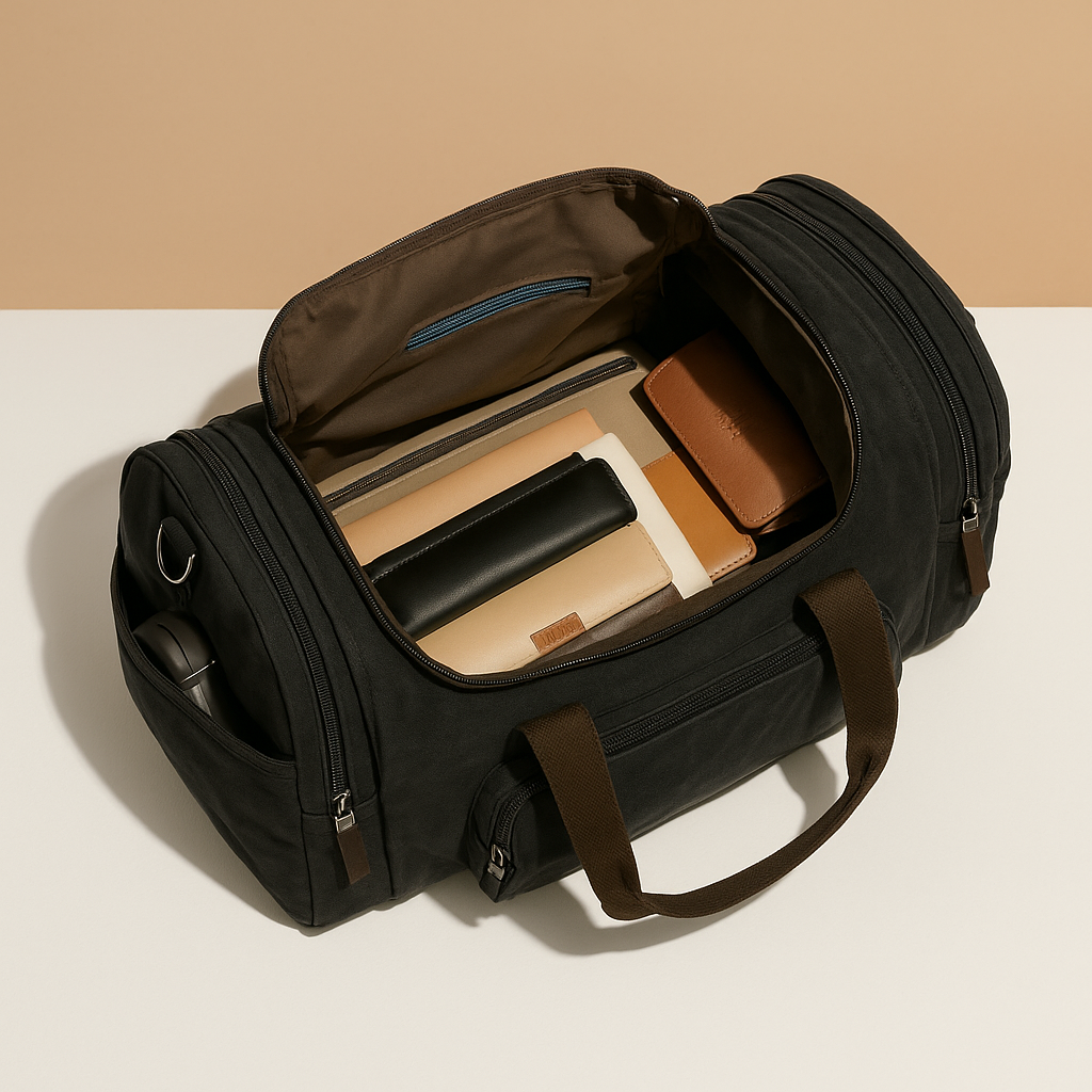Men’s expandable cotton duffle bag with compartments, adjustable strap, and zippered pockets—ideal for travel or work trips.