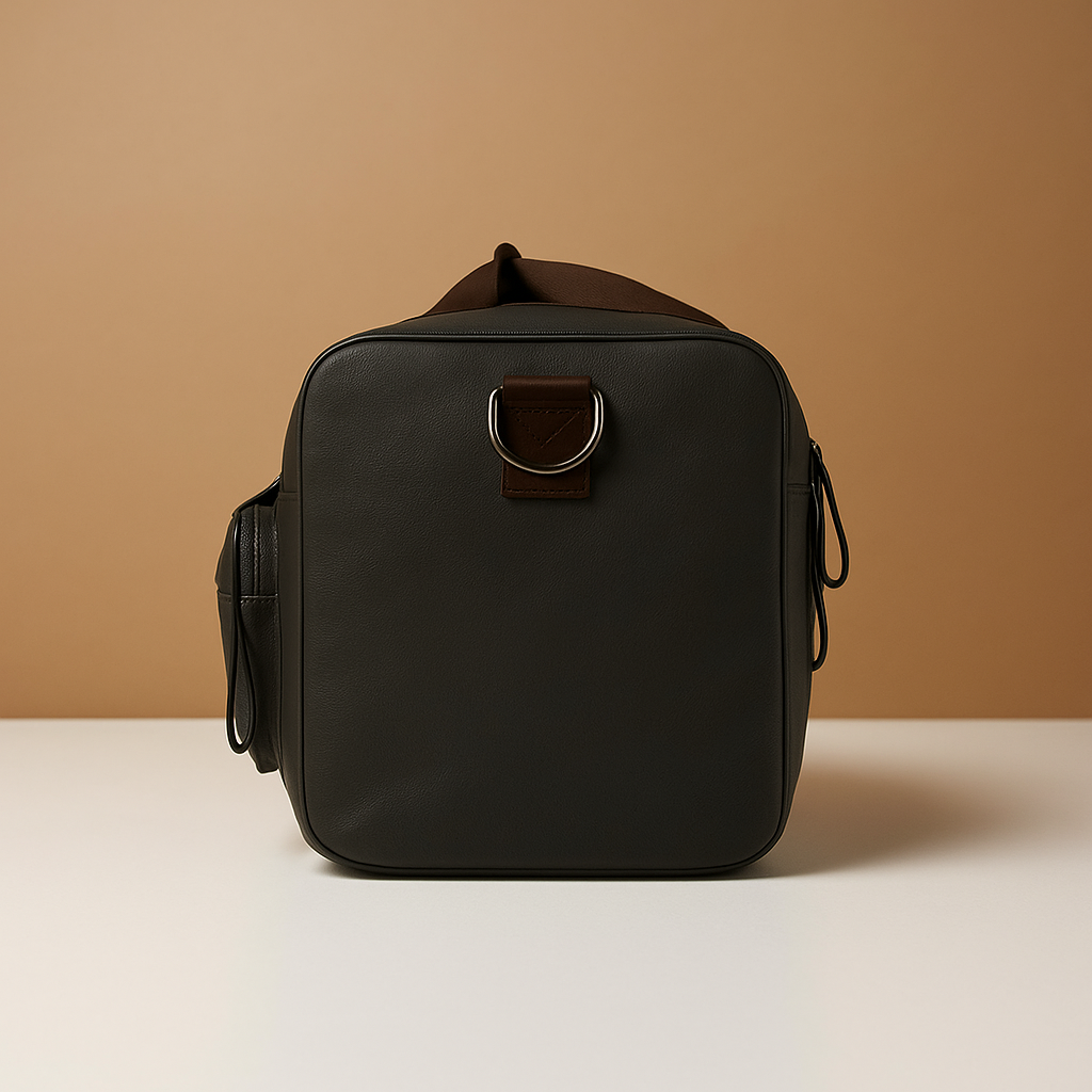 Men’s expandable cotton duffle bag with compartments, adjustable strap, and zippered pockets—ideal for travel or work trips.