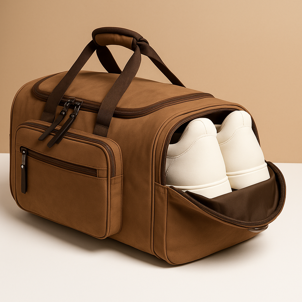Men’s expandable cotton duffle bag with compartments, adjustable strap, and zippered pockets—ideal for travel or work trips.