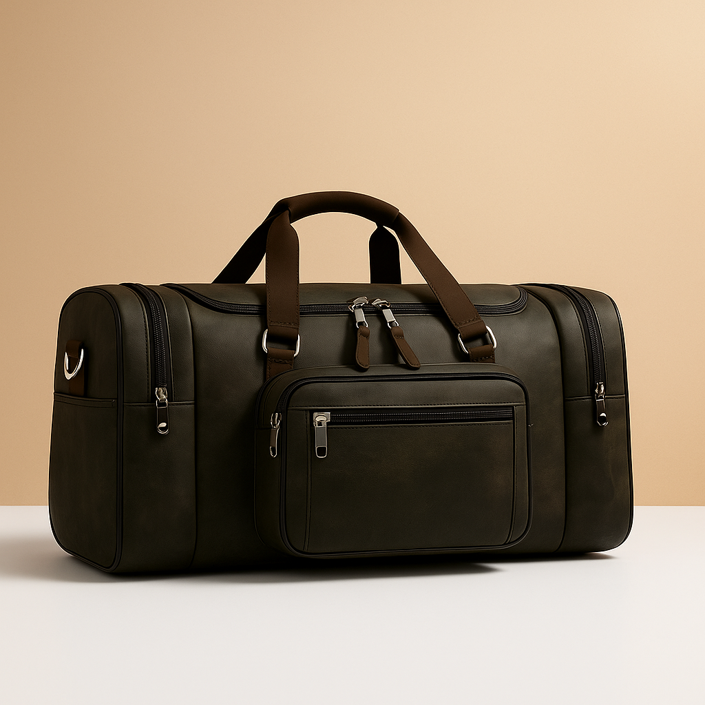 Men’s expandable cotton duffle bag with compartments, adjustable strap, and zippered pockets—ideal for travel or work trips.