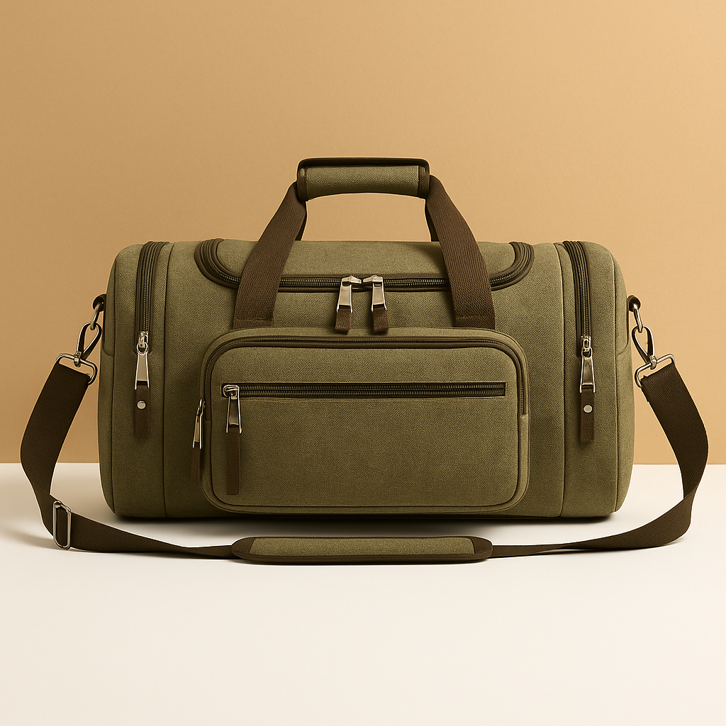 Men’s expandable cotton duffle bag with compartments, adjustable strap, and zippered pockets—ideal for travel or work trips.