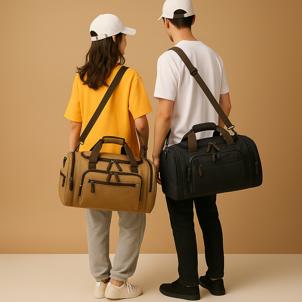Men’s expandable cotton duffle bag with compartments, adjustable strap, and zippered pockets—ideal for travel or work trips.