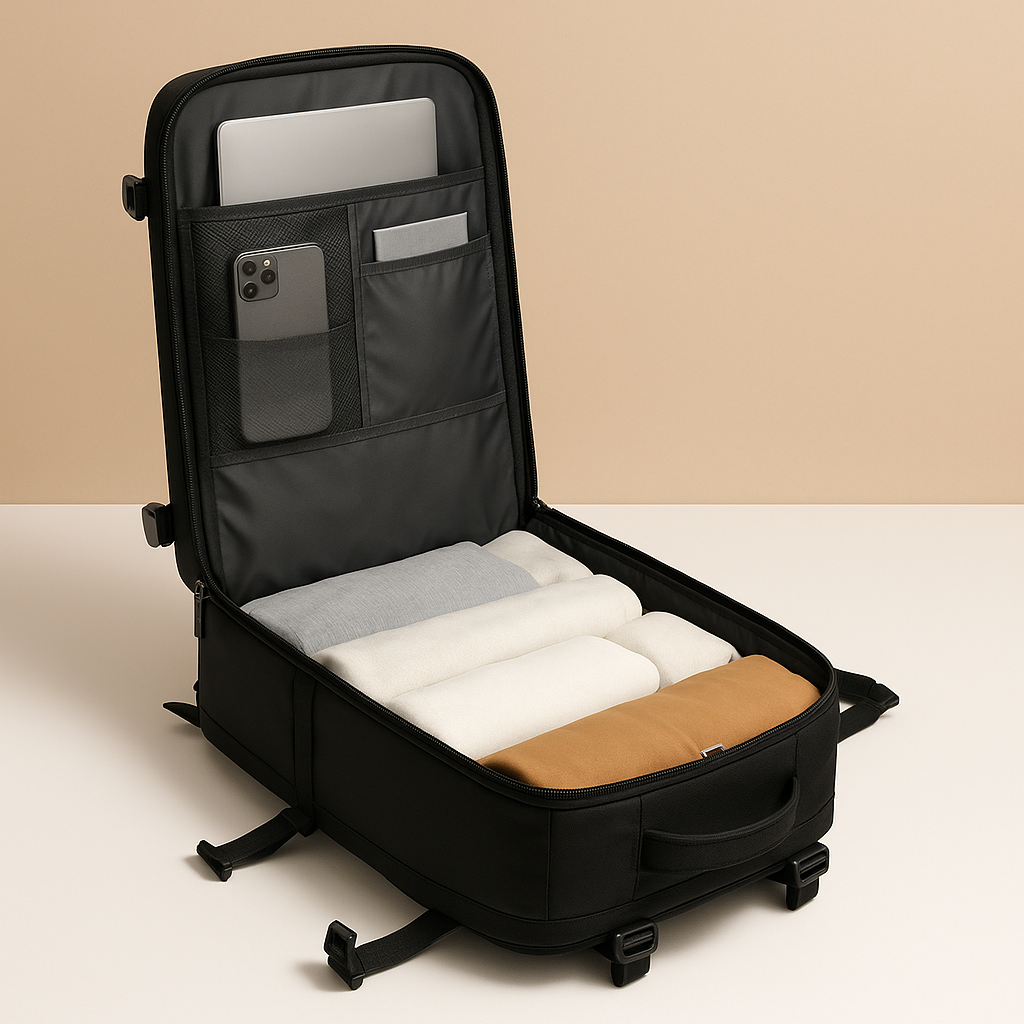 TSA-approved expandable travel backpack for women featuring a USB-charging port, luggage-style opening, and ergonomic cushioned back for comfortable journeys.