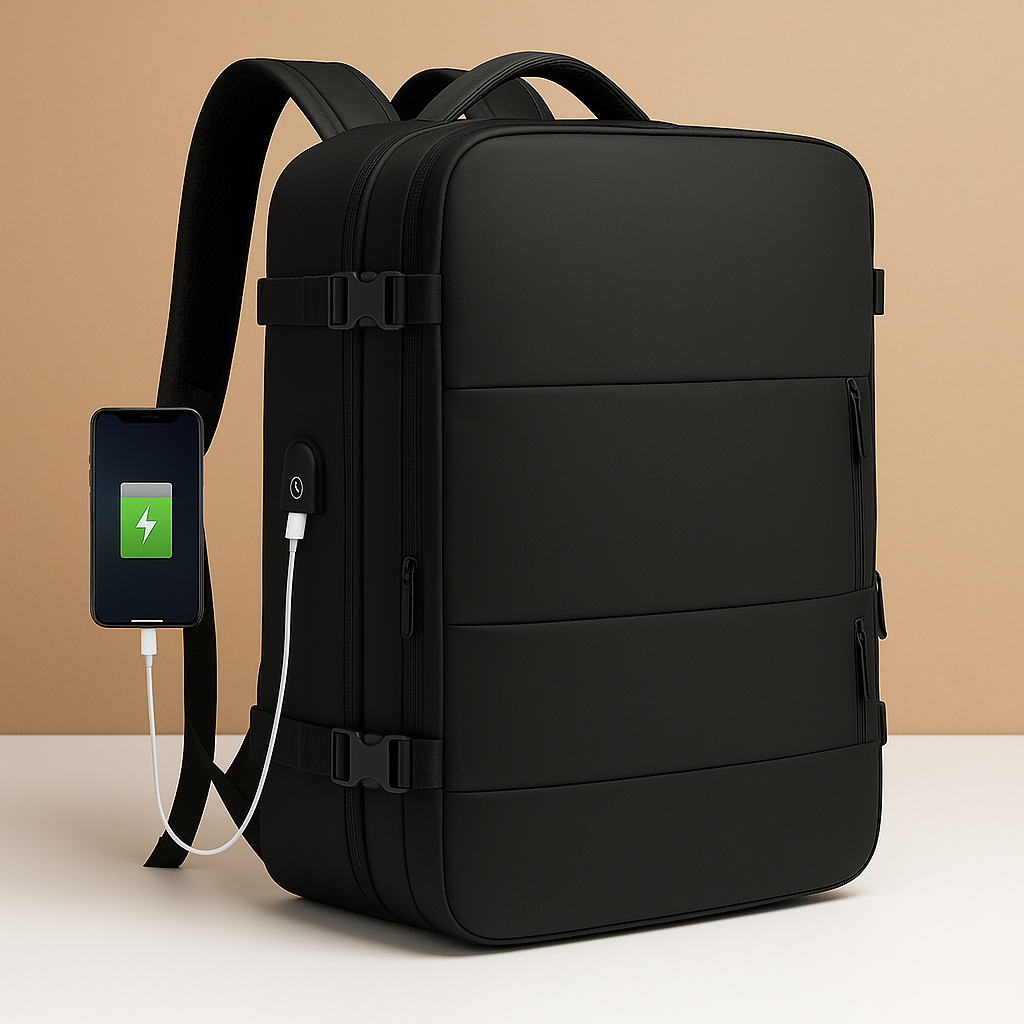 TSA-approved expandable travel backpack for women featuring a USB-charging port, luggage-style opening, and ergonomic cushioned back for comfortable journeys.