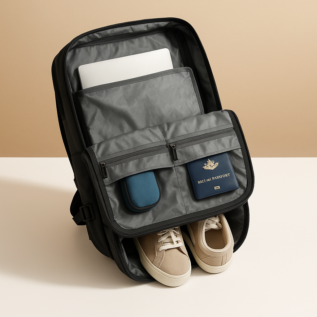 TSA-approved expandable travel backpack for women featuring a USB-charging port, luggage-style opening, and ergonomic cushioned back for comfortable journeys.