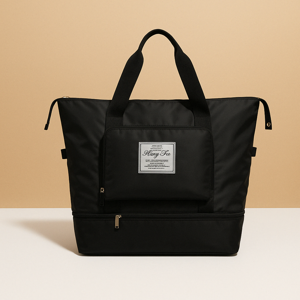 Expandable foldable travel bag for women with waterproof Oxford fabric, wide top access, and elegant design for stylish travel.