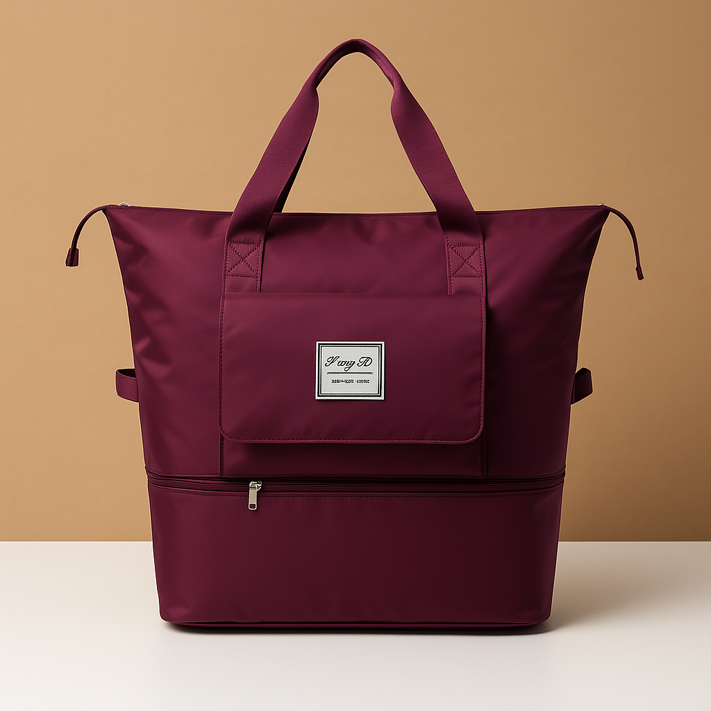 Expandable foldable travel bag for women with waterproof Oxford fabric, wide top access, and elegant design for stylish travel.