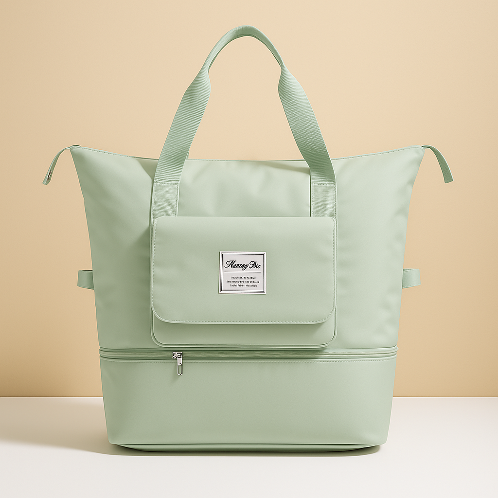 Expandable foldable travel bag for women with waterproof Oxford fabric, wide top access, and elegant design for stylish travel.