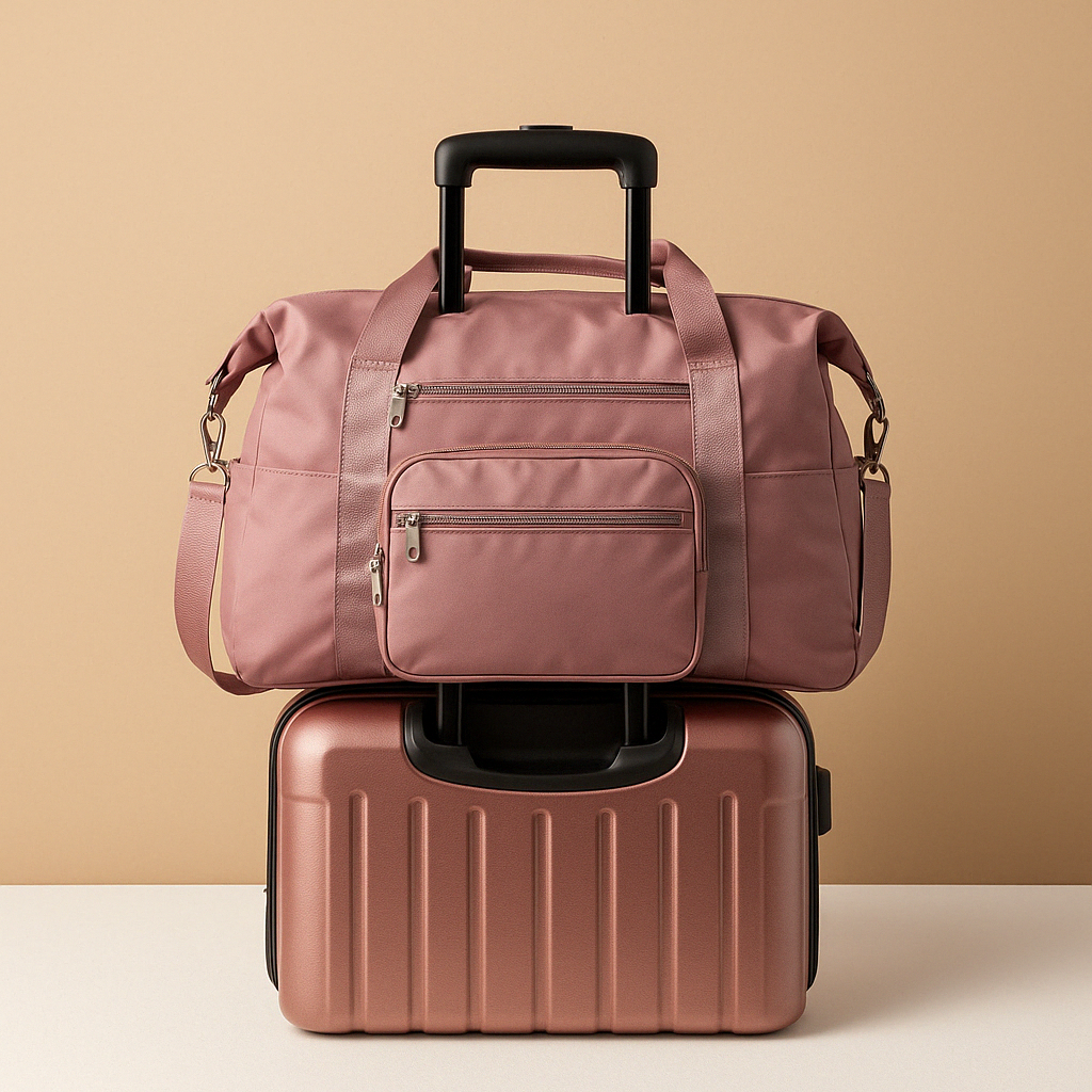 Expandable foldable travel bag for women with waterproof Oxford fabric, wide top access, and elegant design for stylish travel.