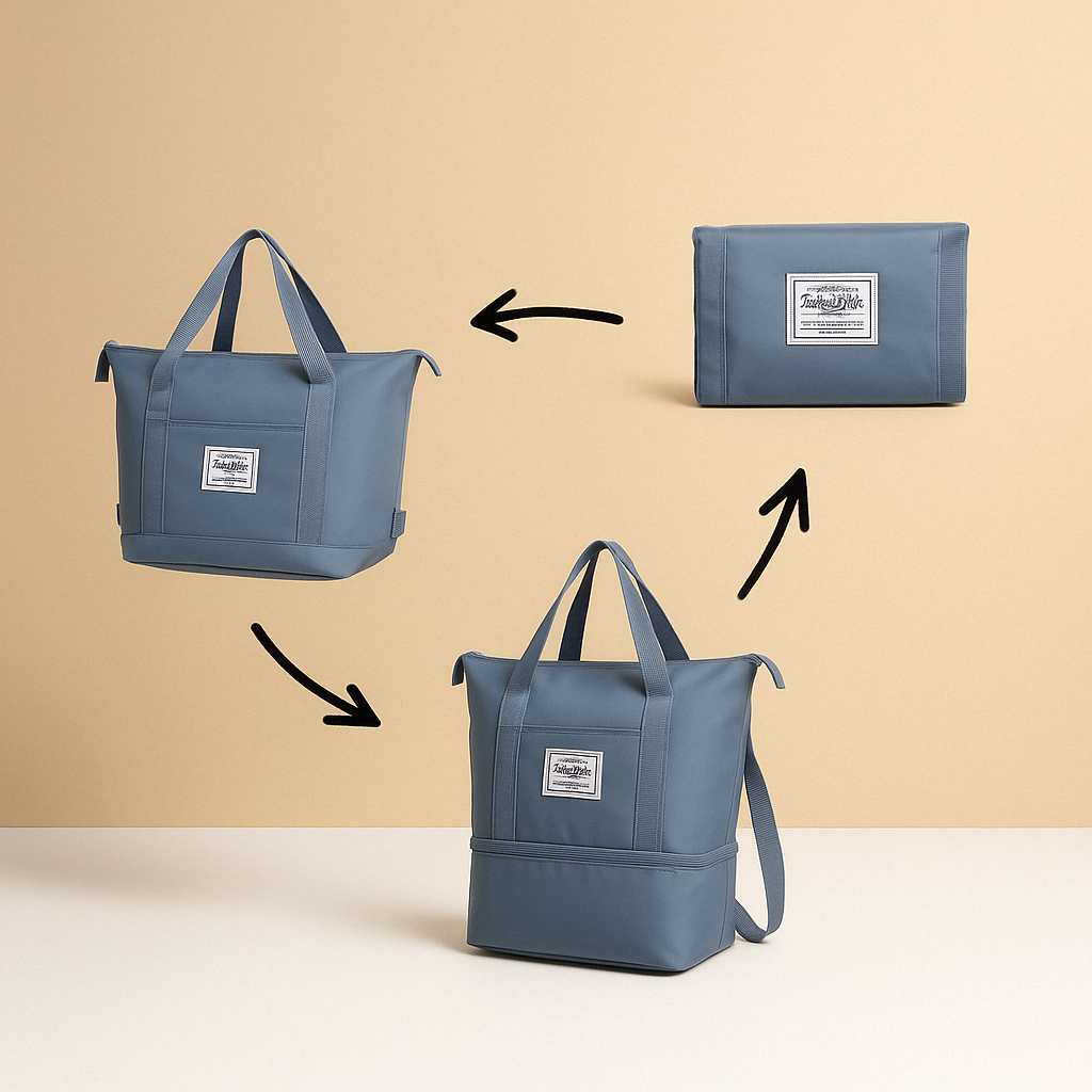 Expandable foldable travel bag for women with waterproof Oxford fabric, wide top access, and elegant design for stylish travel.