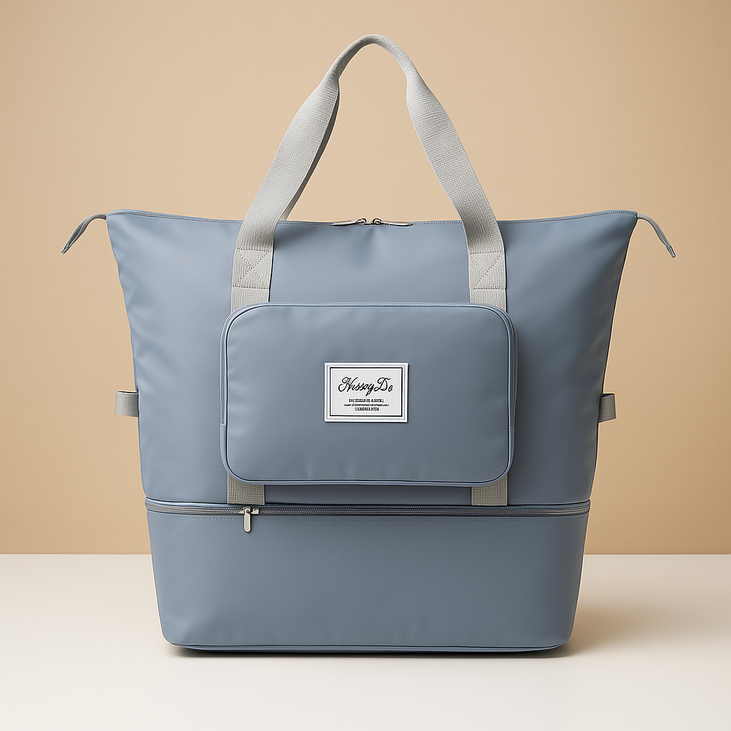 Expandable foldable travel bag for women with waterproof Oxford fabric, wide top access, and elegant design for stylish travel.