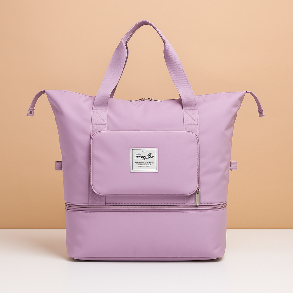 Expandable foldable travel bag for women with waterproof Oxford fabric, wide top access, and elegant design for stylish travel.