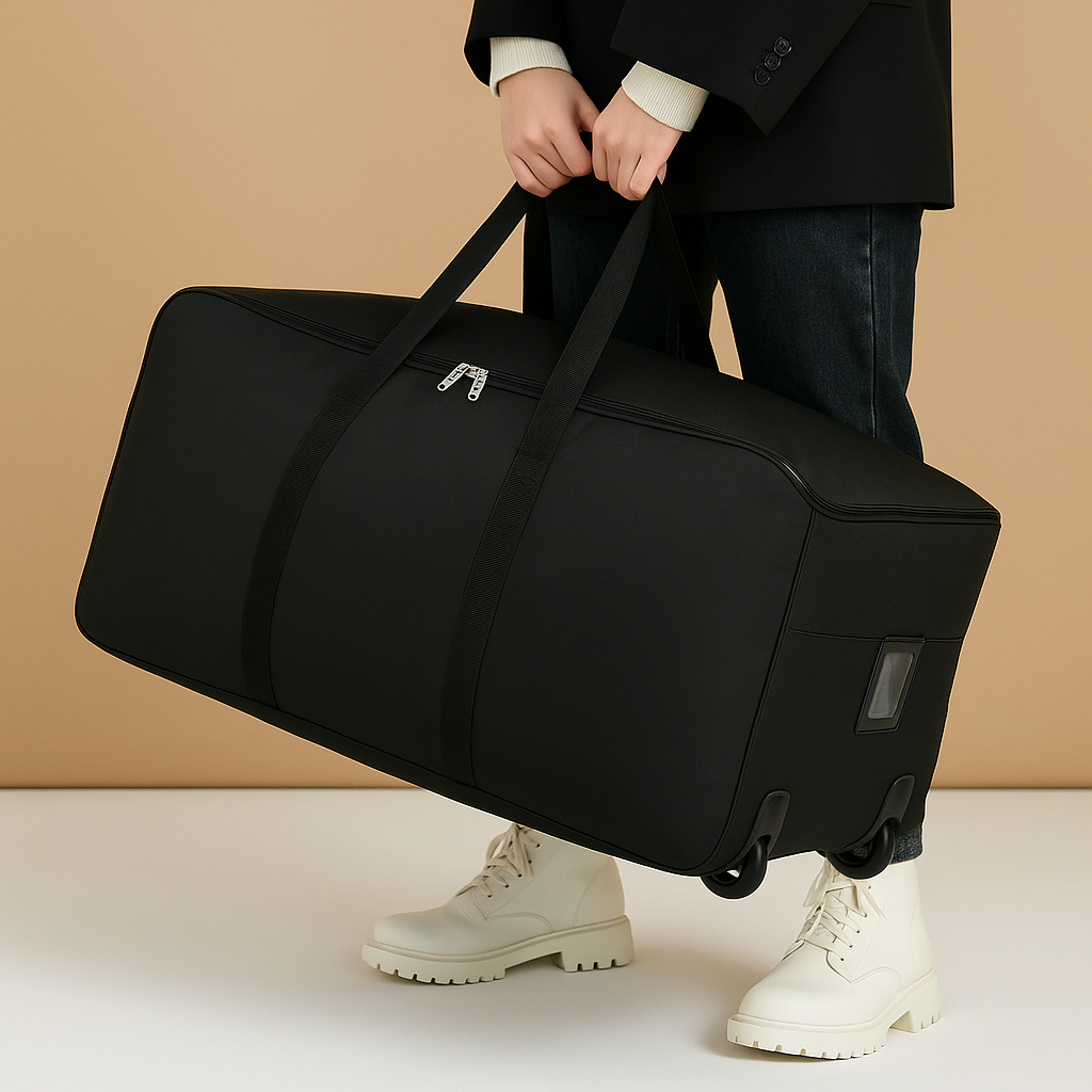 Expandable travel duffel bag for women with wheels, lightweight design, and large capacity for hassle-free travel and organised packing.