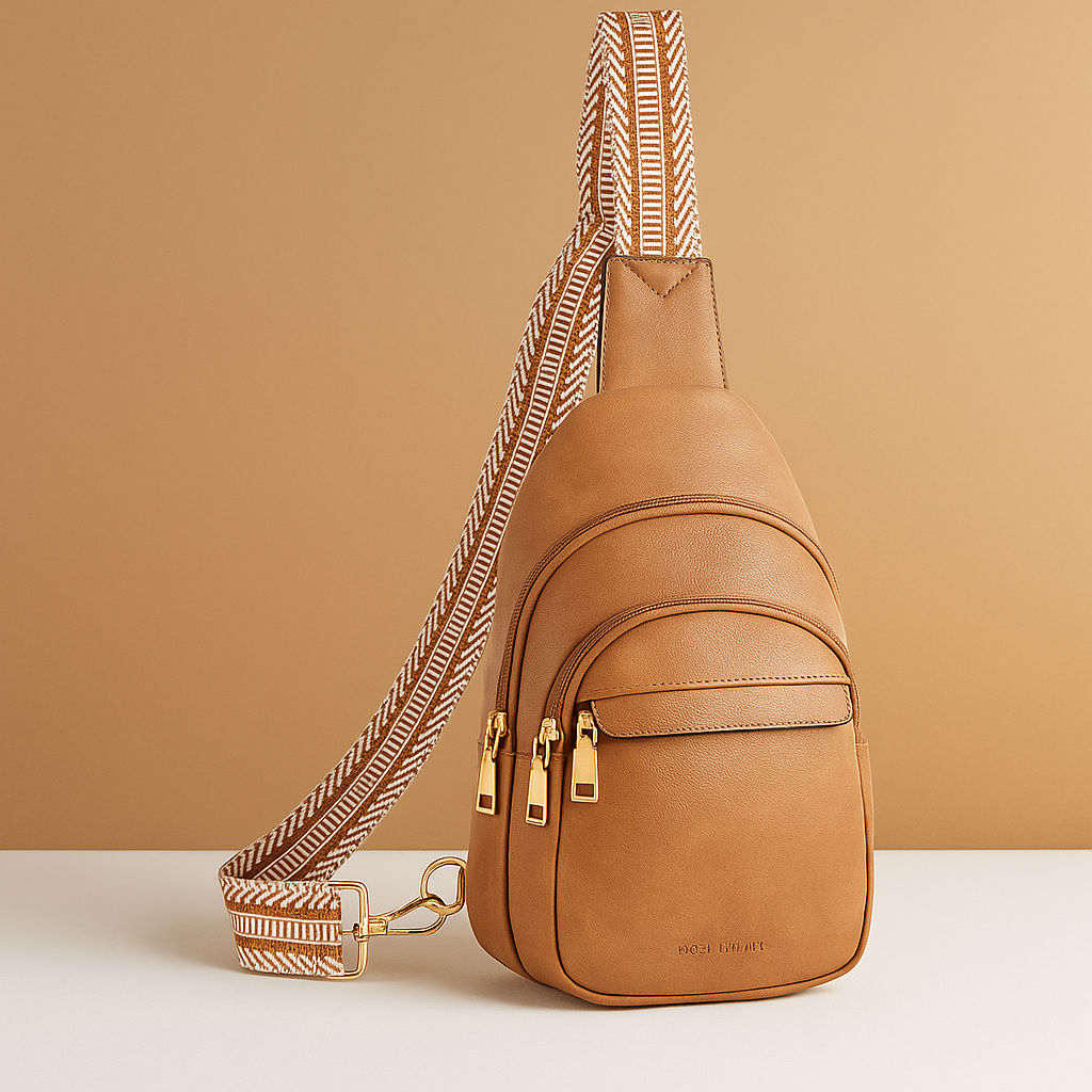 Women’s faux leather sling crossbody bag with zip pockets, card slots, and anti-theft back pocket for hands-free everyday style