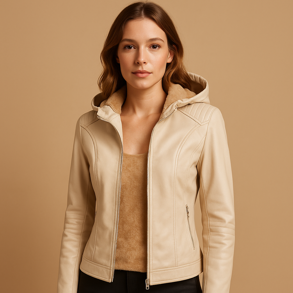 Faux leather jacket for women with detachable hood, gold zippers, and a regular fit, ideal for elegant fall and spring outfits