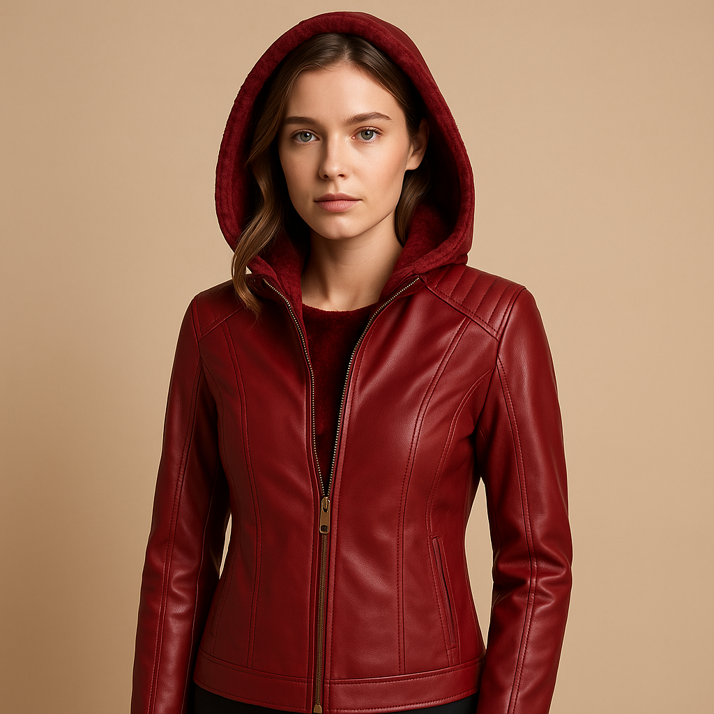 Faux leather jacket for women with detachable hood, gold zippers, and a regular fit, ideal for elegant fall and spring outfits