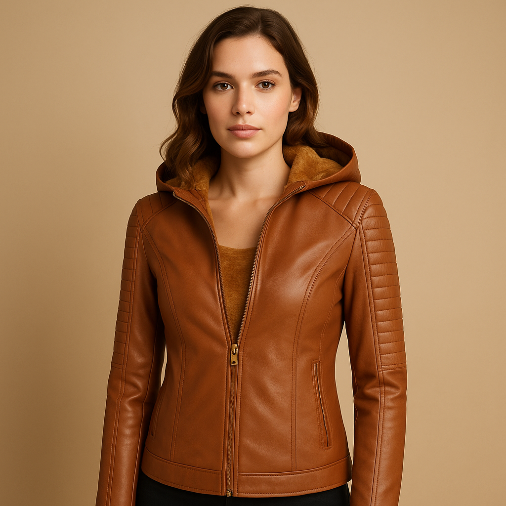 Faux leather jacket for women with detachable hood, gold zippers, and a regular fit, ideal for elegant fall and spring outfits