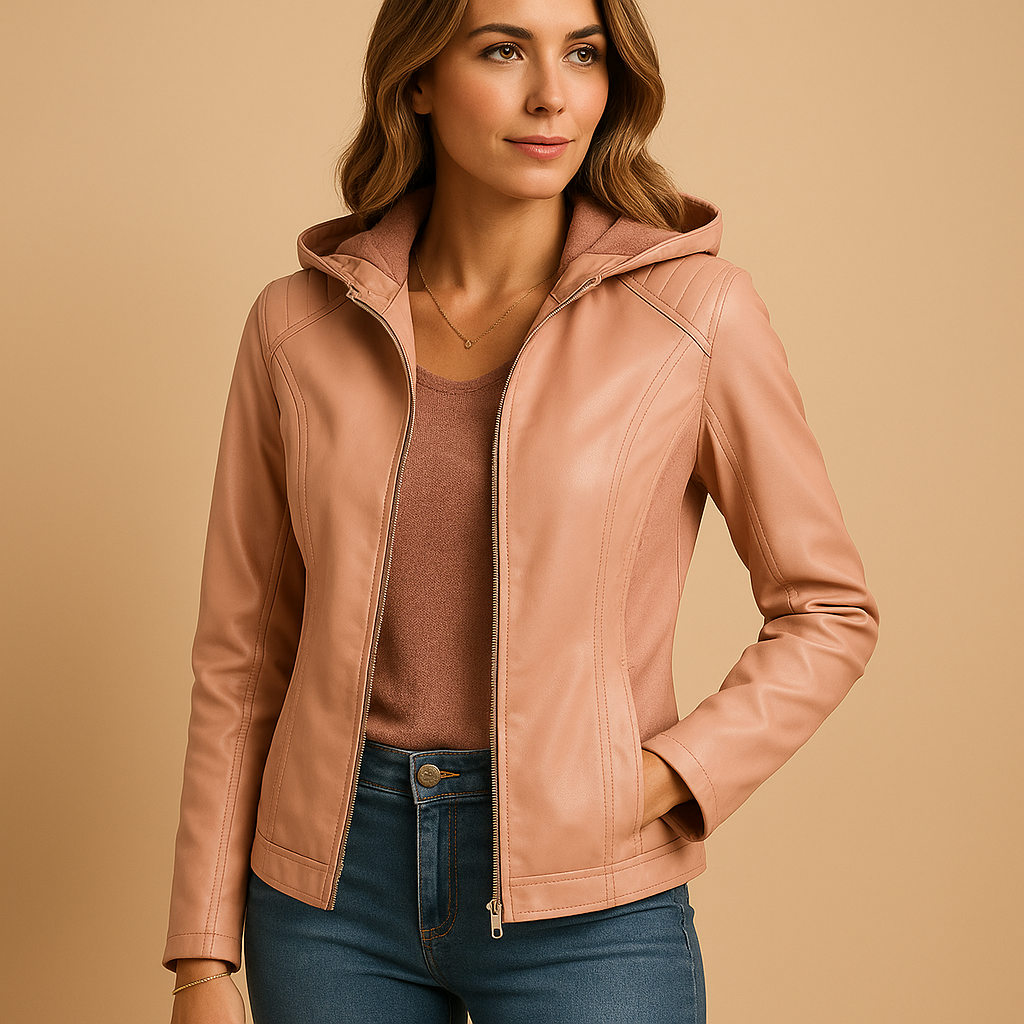 Faux leather jacket for women with detachable hood, gold zippers, and a regular fit, ideal for elegant fall and spring outfits