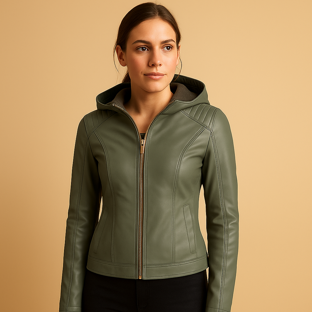 Faux leather jacket for women with detachable hood, gold zippers, and a regular fit, ideal for elegant fall and spring outfits