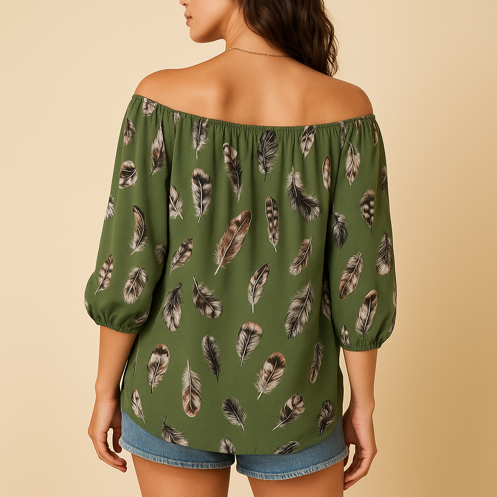 Feather print V-neck blouse for women in multiple colors, featuring a relaxed fit and lightweight design perfect for summer or casual days.