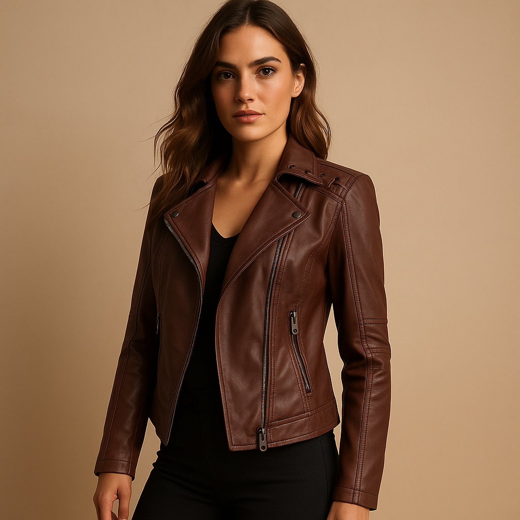 Fitted faux leather jacket for women with standing collar, silver zippers, and modern detailing, ideal for stylish everyday wear.