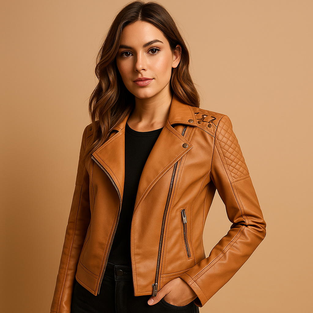 Fitted faux leather jacket for women with standing collar, silver zippers, and modern detailing, ideal for stylish everyday wear.