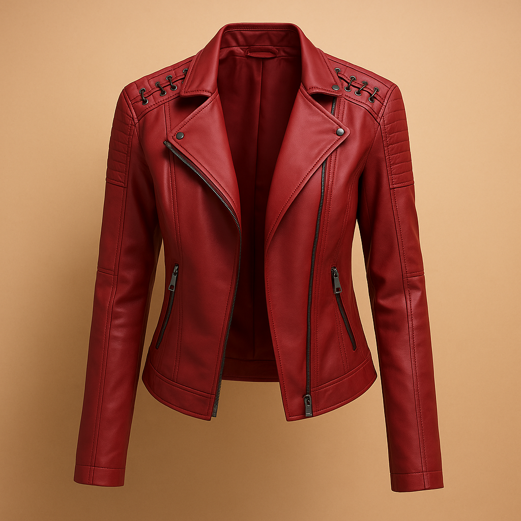 Fitted faux leather jacket for women with standing collar, silver zippers, and modern detailing, ideal for stylish everyday wear.