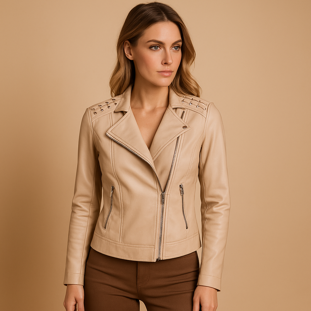Fitted faux leather jacket for women with standing collar, silver zippers, and modern detailing, ideal for stylish everyday wear.