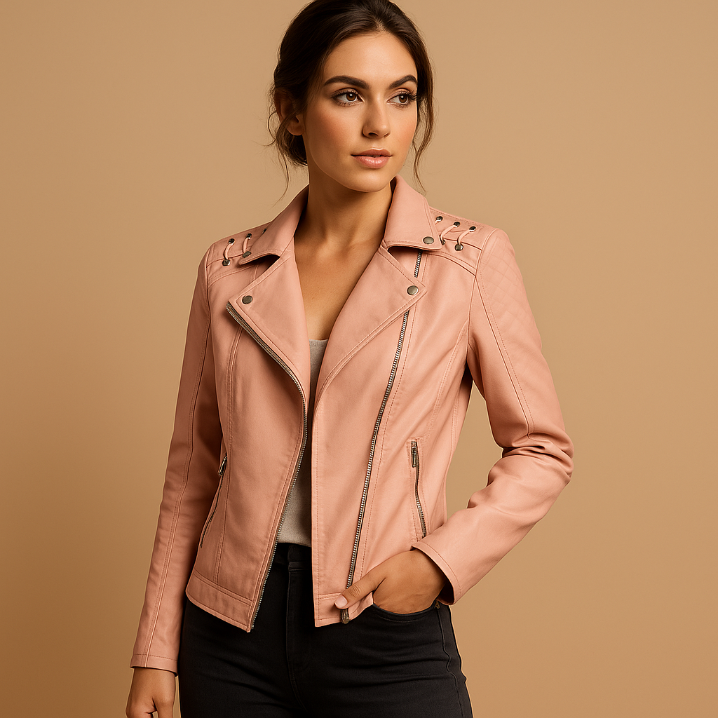 Fitted faux leather jacket for women with standing collar, silver zippers, and modern detailing, ideal for stylish everyday wear.