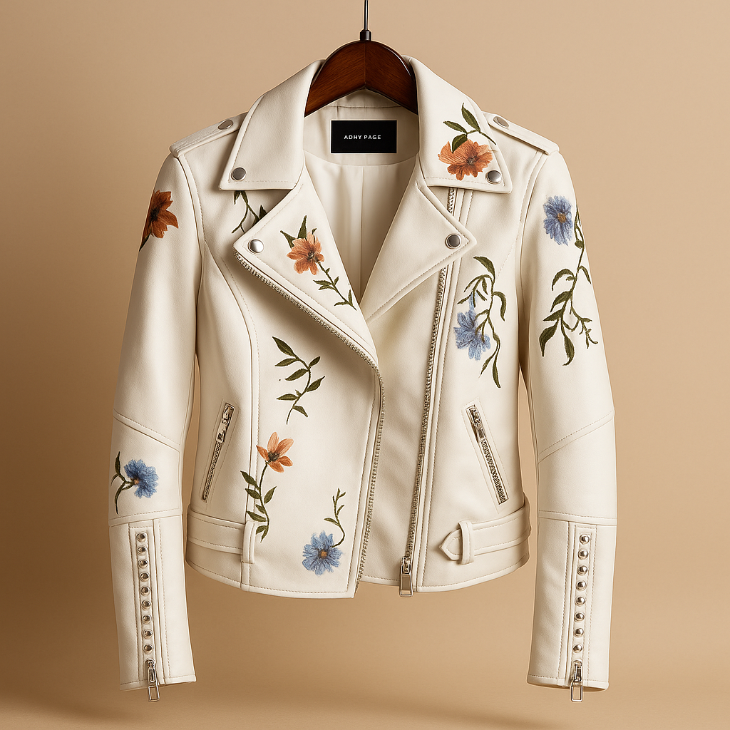 Fitted leather jacket for women with zip pockets and sleek design, ideal for both daywear and evening style.