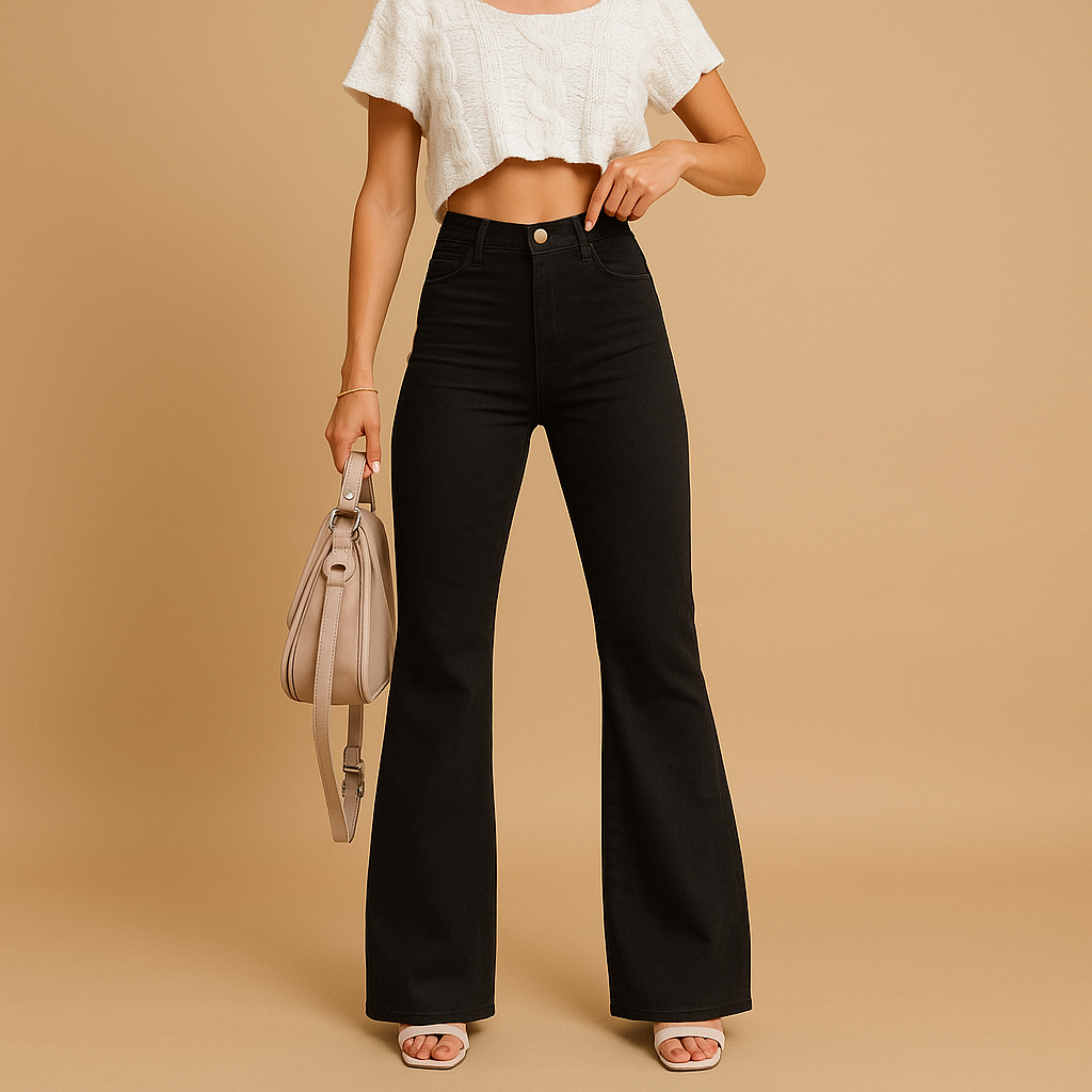 Flared corduroy pants for women in beige, navy, and chocolate brown, with high waist and feminine silhouette for casual and chic outfits.