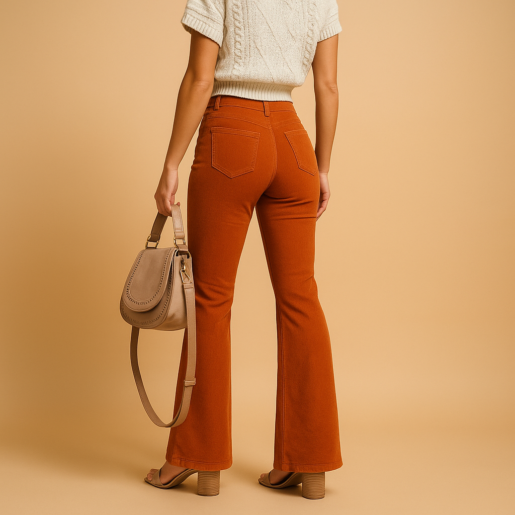 Flared corduroy pants for women in beige, navy, and chocolate brown, with high waist and feminine silhouette for casual and chic outfits.