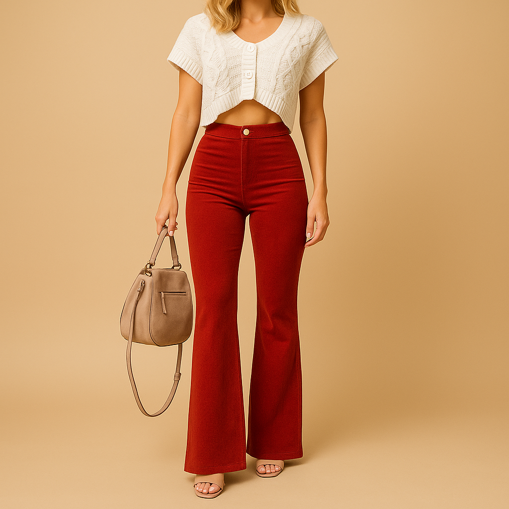 Flared corduroy pants for women in beige, navy, and chocolate brown, with high waist and feminine silhouette for casual and chic outfits.