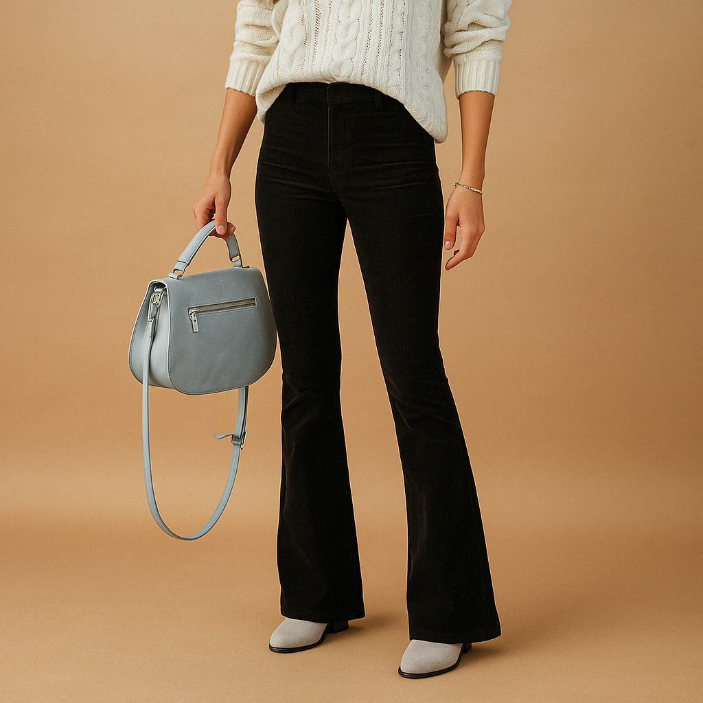 Women’s flared corduroy pants with ribbed texture and flattering fit, ideal for retro-inspired casual and semi-formal outfits.