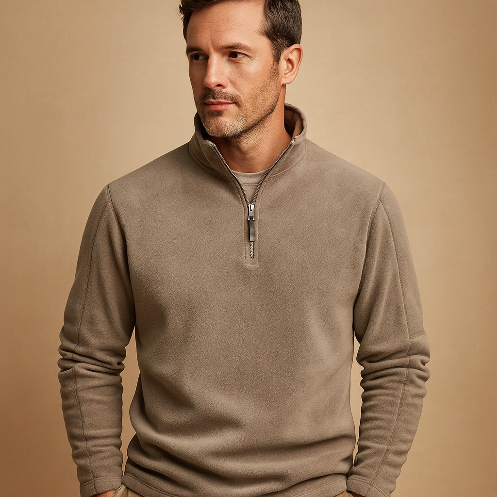 Men’s fleece half zip pullover with soft fabric, warm and versatile design in dark grey, beige, and brown for autumn and winter wear.