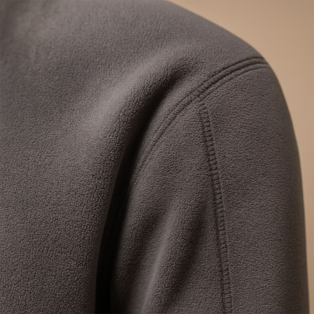 Men’s fleece half zip pullover with soft fabric, warm and versatile design in dark grey, beige, and brown for autumn and winter wear.