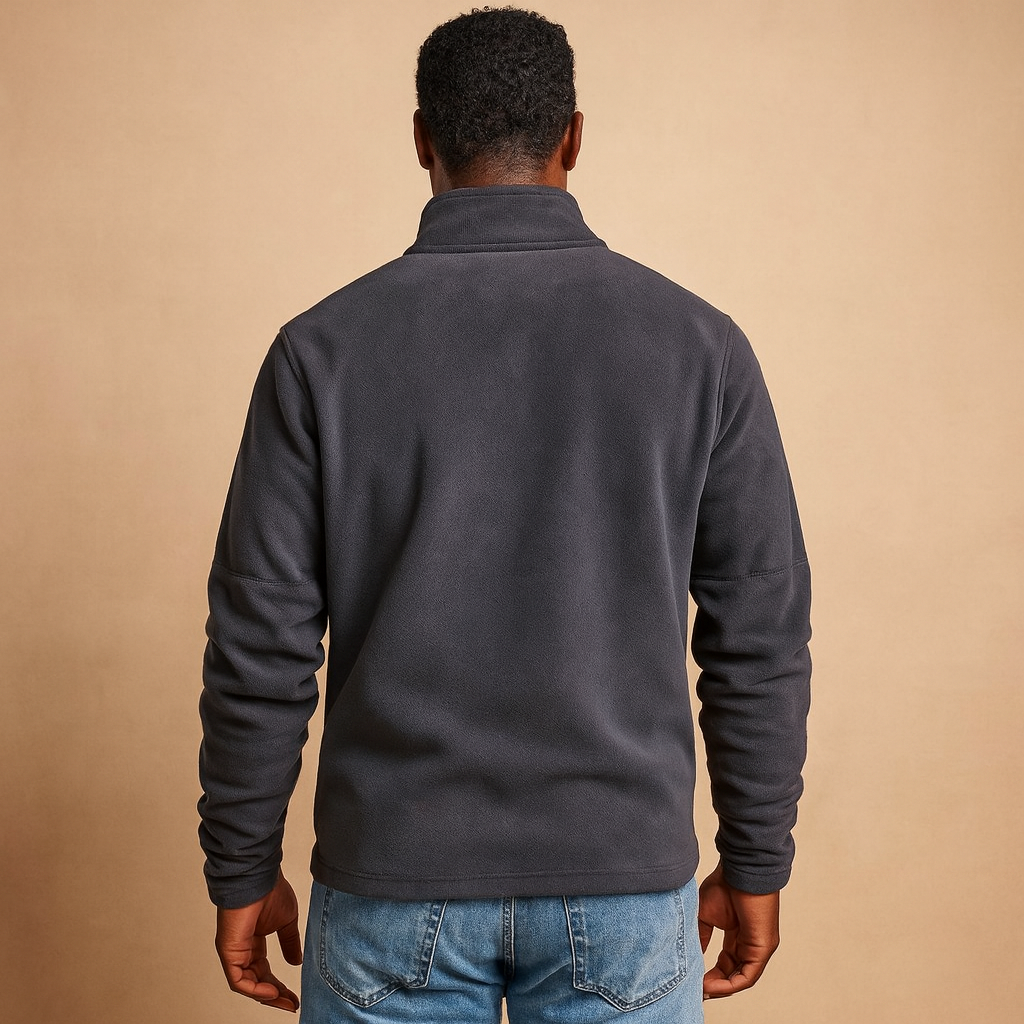 Men’s fleece half zip pullover with soft fabric, warm and versatile design in dark grey, beige, and brown for autumn and winter wear.