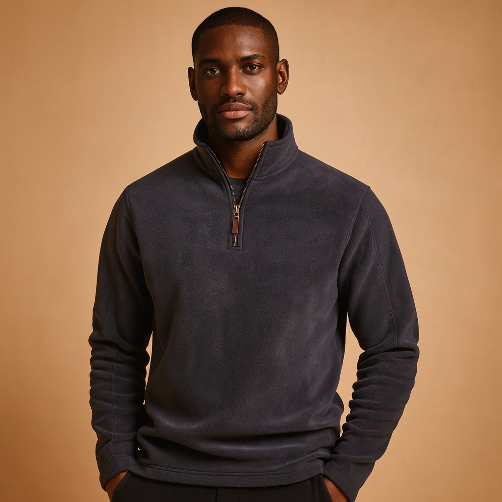 Men’s fleece half zip pullover with soft fabric, warm and versatile design in dark grey, beige, and brown for autumn and winter wear.