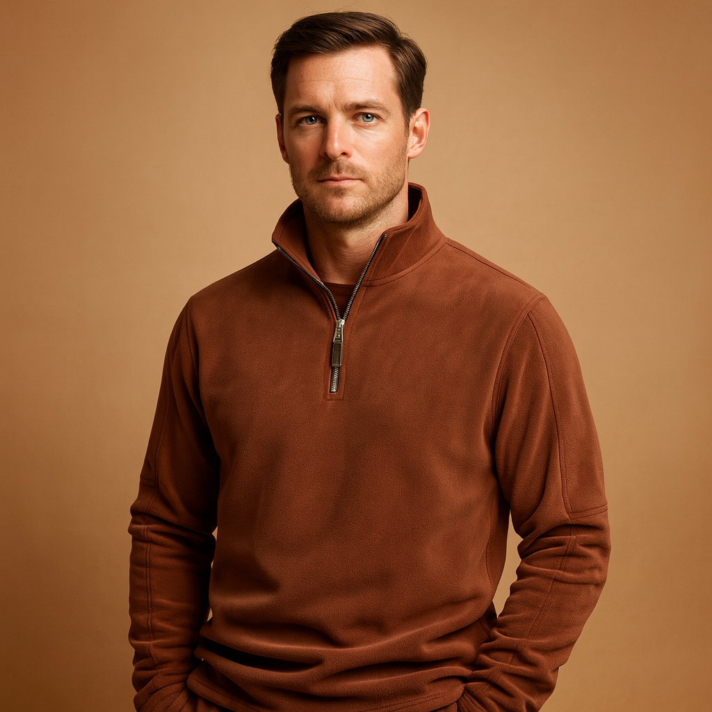 Men’s fleece half zip pullover with soft fabric, warm and versatile design in dark grey, beige, and brown for autumn and winter wear.