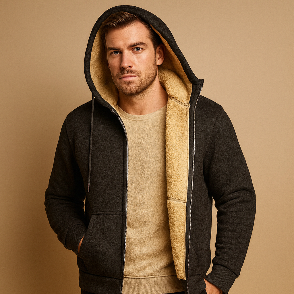 Men’s fleece sweater with luxurious fur lining, timeless design, and soft warm fabric for casual and semi-formal winter outfits.