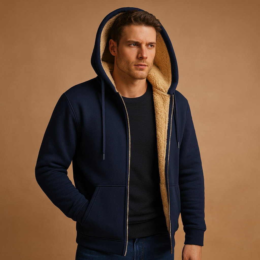Men’s fleece sweater with luxurious fur lining, timeless design, and soft warm fabric for casual and semi-formal winter outfits.