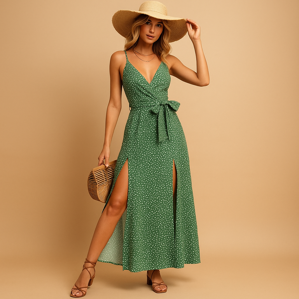 Floral beach dress with V-neck for women in green with adjustable waist and flowing fit, perfect for summer holidays and beach outings.