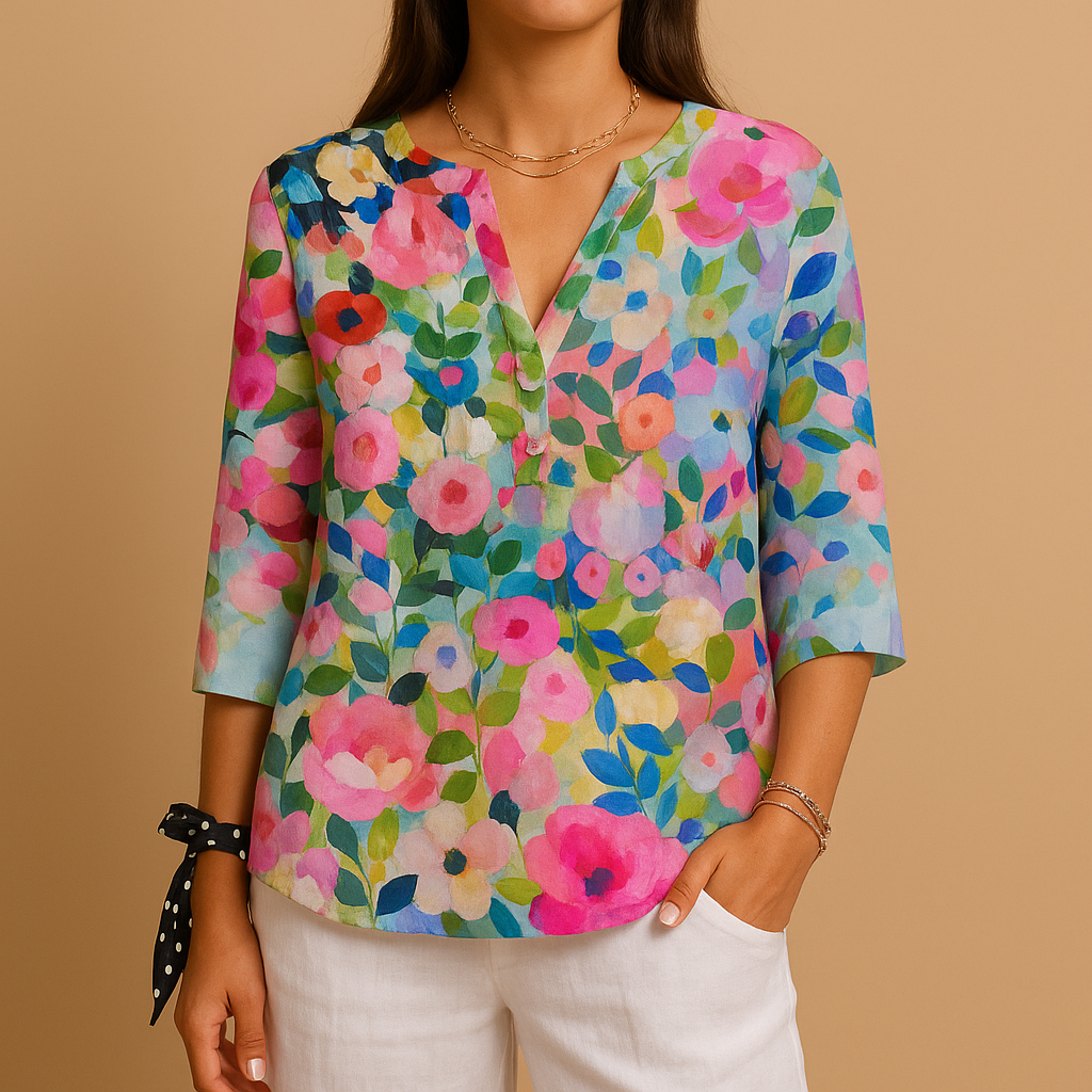 Floral blouse with relaxed fit for women featuring a classic collar and button-down front, ideal for spring, casual wear, or business looks.