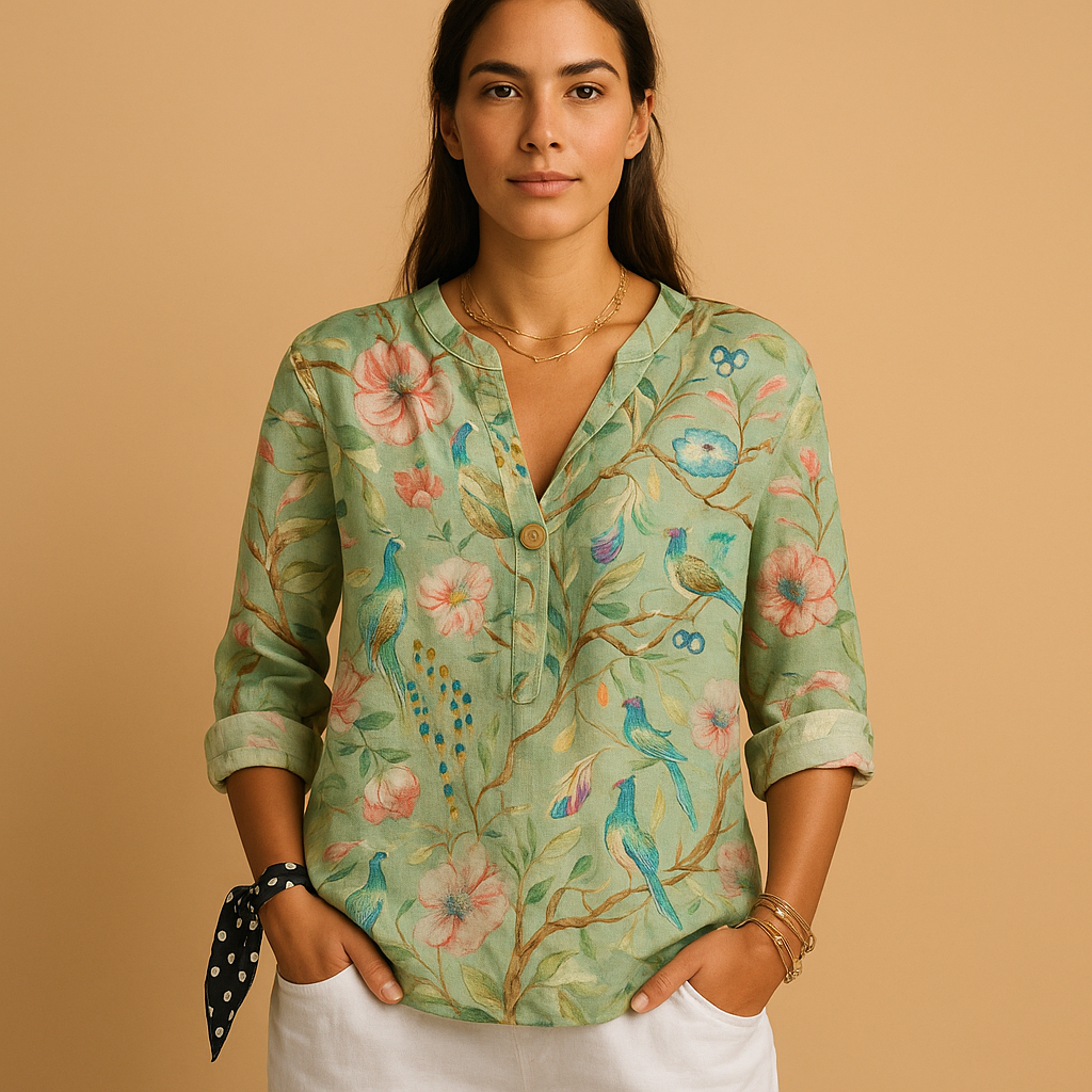 Floral blouse with relaxed fit for women featuring a classic collar and button-down front, ideal for spring, casual wear, or business looks.