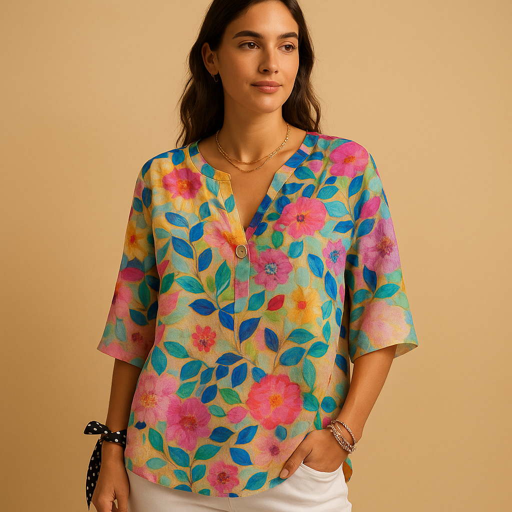 Floral blouse with relaxed fit for women featuring a classic collar and button-down front, ideal for spring, casual wear, or business looks.