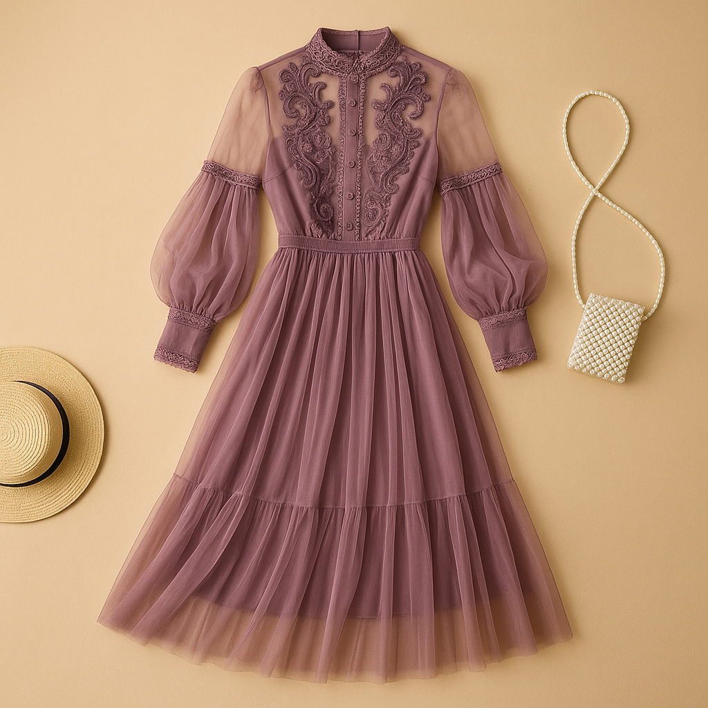 Elegant floral dress for women with slim high-waist fit, lantern sleeves, and stand-up collar—perfect for both chic and everyday occasions.